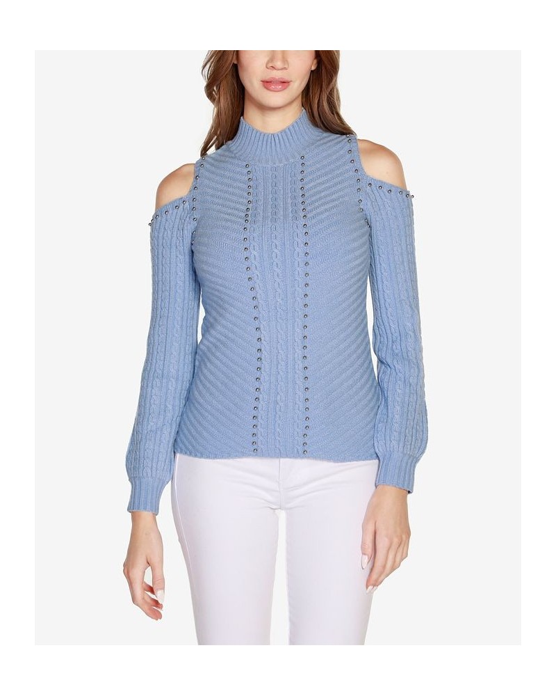 Women's Black Label Embellished Cold-Shoulder Cable Sweater Blue $25.73 Sweaters