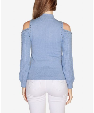 Women's Black Label Embellished Cold-Shoulder Cable Sweater Blue $25.73 Sweaters