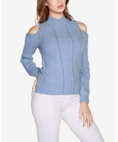 Women's Black Label Embellished Cold-Shoulder Cable Sweater Blue $25.73 Sweaters