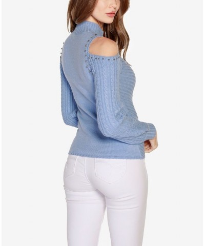 Women's Black Label Embellished Cold-Shoulder Cable Sweater Blue $25.73 Sweaters