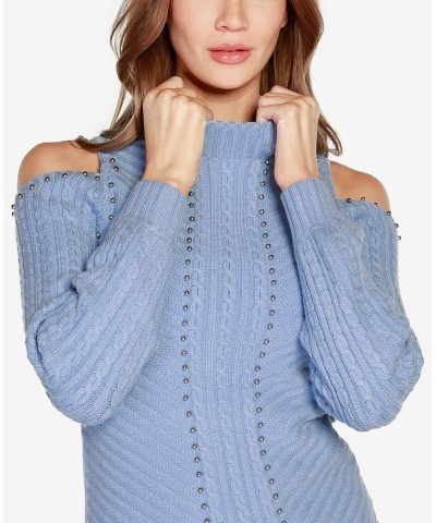 Women's Black Label Embellished Cold-Shoulder Cable Sweater Blue $25.73 Sweaters