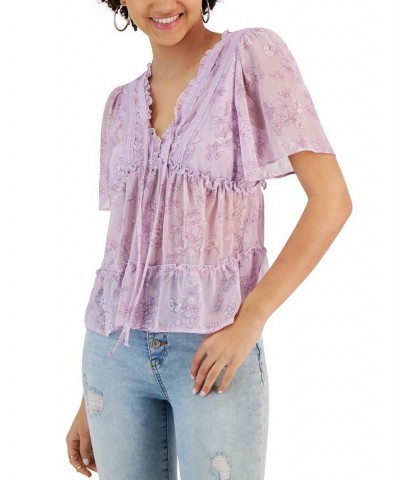 Juniors' Floral-Print Flutter-Sleeve V-Neck Top Orchd Ivry Floral $15.08 Tops