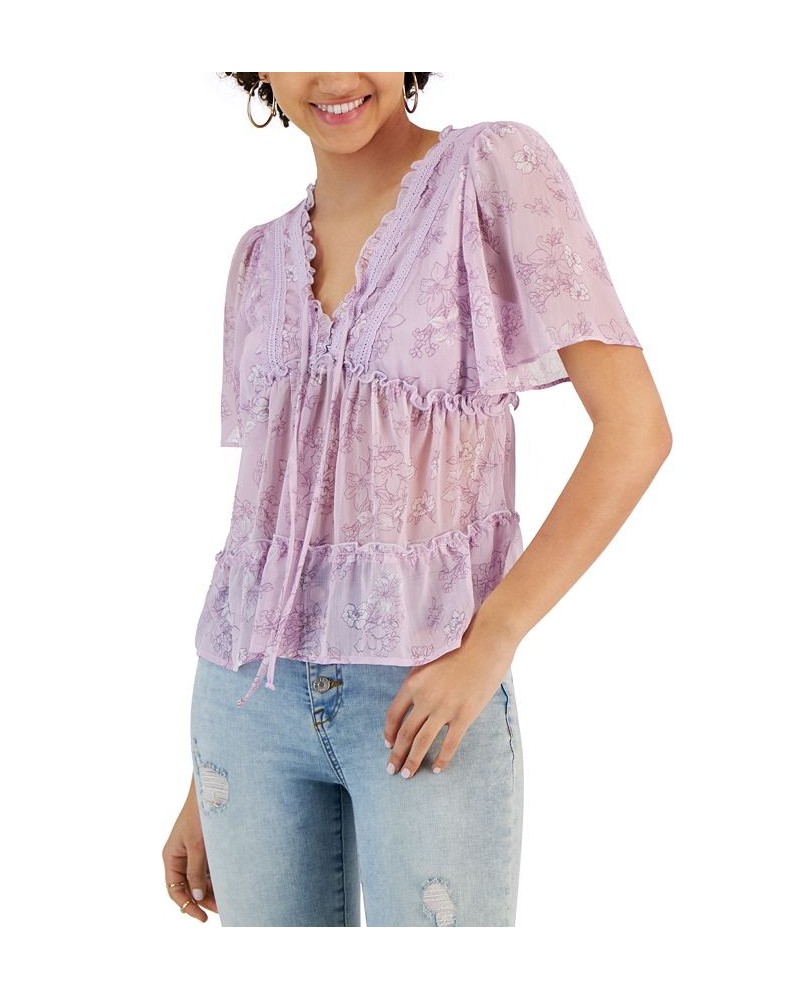 Juniors' Floral-Print Flutter-Sleeve V-Neck Top Orchd Ivry Floral $15.08 Tops