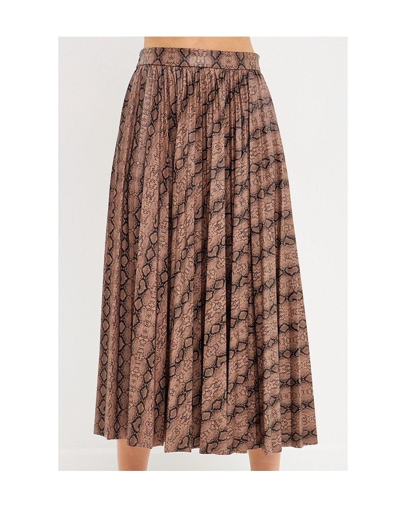 Women's Animal Print Pleated Slit Detail Midi Skirt Tan $53.30 Skirts