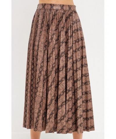 Women's Animal Print Pleated Slit Detail Midi Skirt Tan $53.30 Skirts