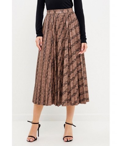 Women's Animal Print Pleated Slit Detail Midi Skirt Tan $53.30 Skirts