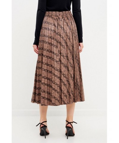 Women's Animal Print Pleated Slit Detail Midi Skirt Tan $53.30 Skirts