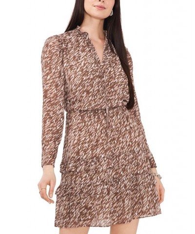 Women's Split-Neck Long-Sleeve Printed-Chiffon Dress Mushroom $18.27 Dresses