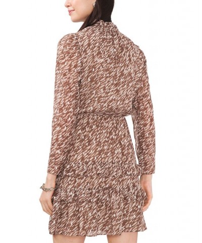 Women's Split-Neck Long-Sleeve Printed-Chiffon Dress Mushroom $18.27 Dresses