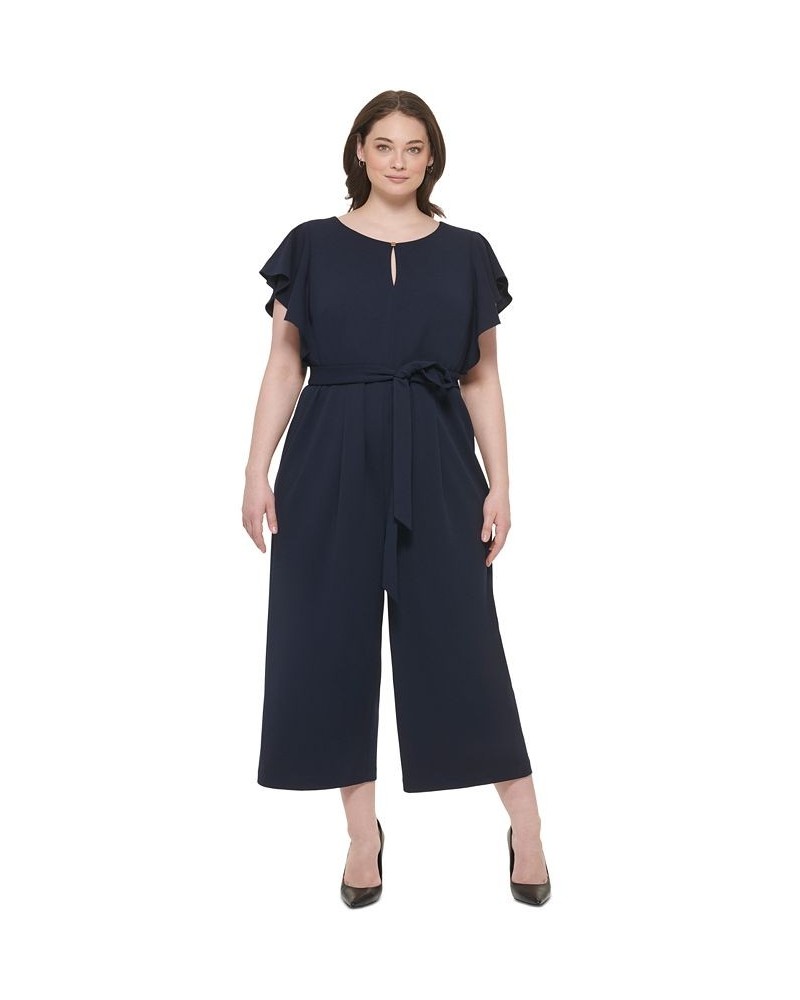 Plus Size Flutter-Sleeve Tie-Waist Cropped Jumpsuit Midnight $46.08 Pants