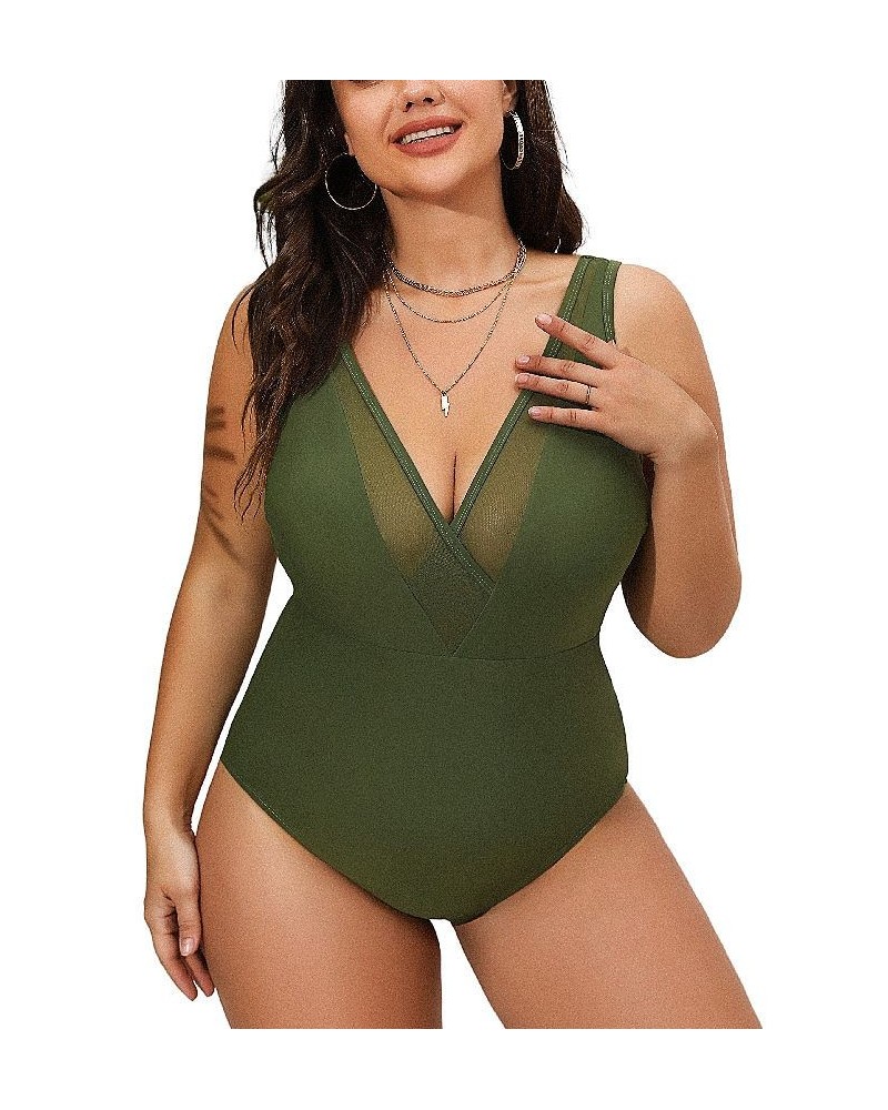 Women's Essential Space Mesh Cutout Plus Size One Piece Swimsuit Green $29.63 Swimsuits