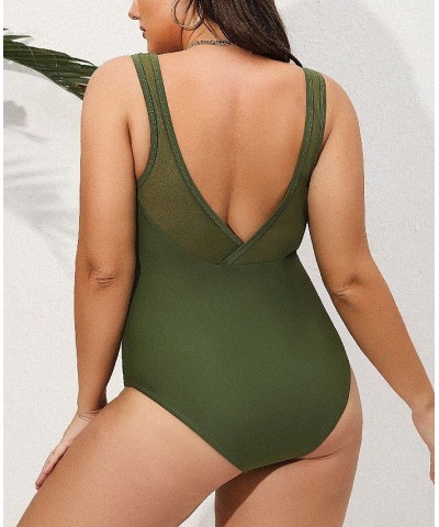 Women's Essential Space Mesh Cutout Plus Size One Piece Swimsuit Green $29.63 Swimsuits