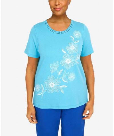 Women's Cool Vibrations Double Strap Crew Neck Floral Top Aqua $35.45 Tops