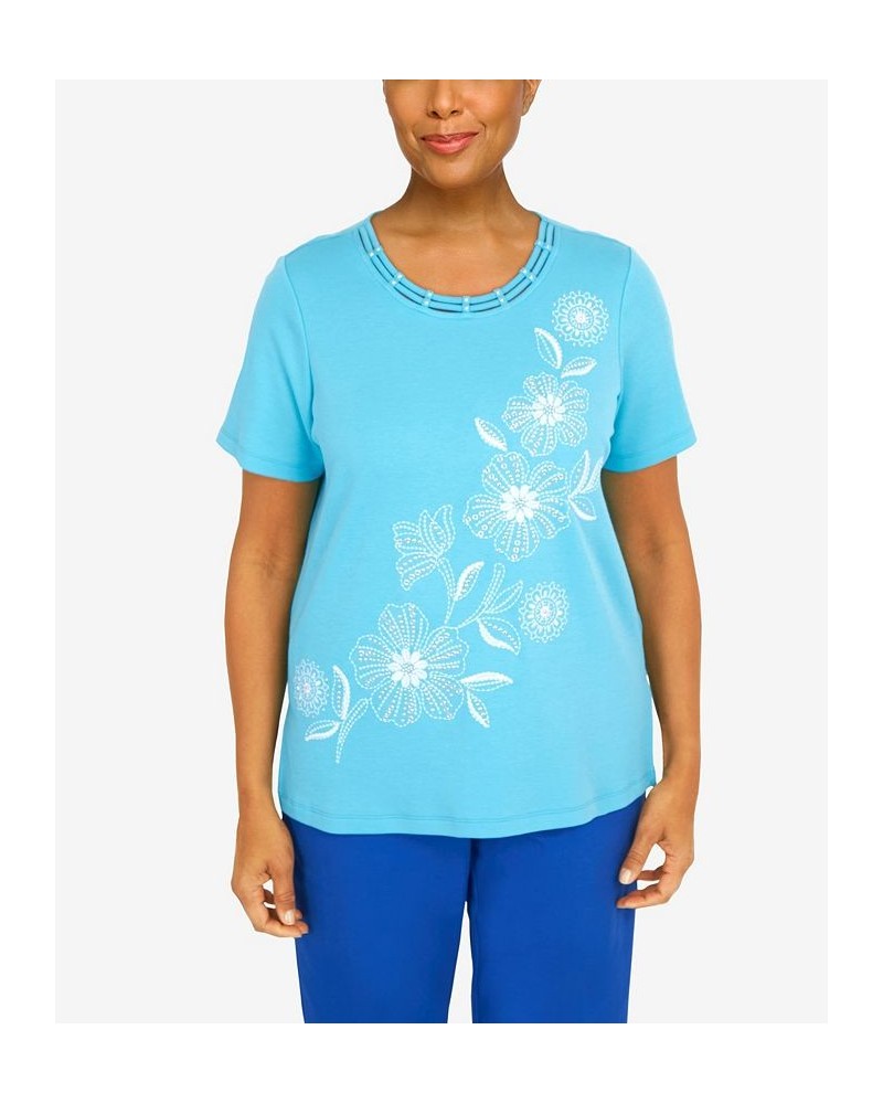 Women's Cool Vibrations Double Strap Crew Neck Floral Top Aqua $35.45 Tops