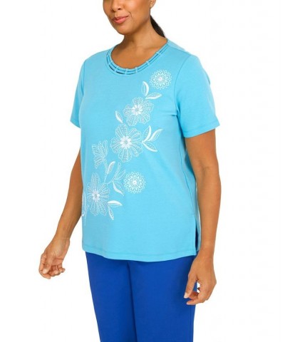 Women's Cool Vibrations Double Strap Crew Neck Floral Top Aqua $35.45 Tops