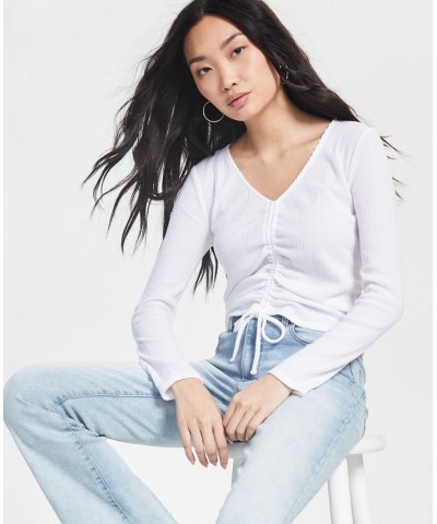 Juniors' Shirred-Front Long-Sleeve Top White $13.24 Tops