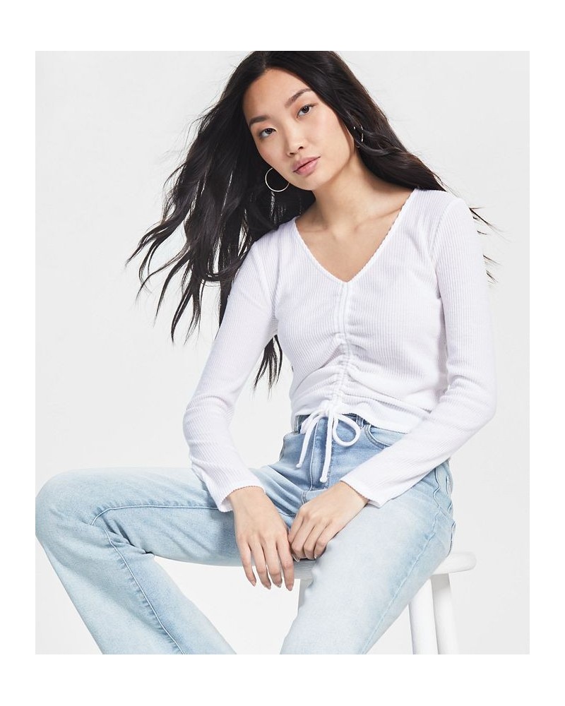 Juniors' Shirred-Front Long-Sleeve Top White $13.24 Tops