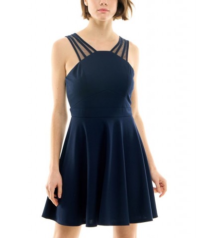 Juniors' Mesh-Strap V-Neck A-Line Dress Navy $21.44 Dresses