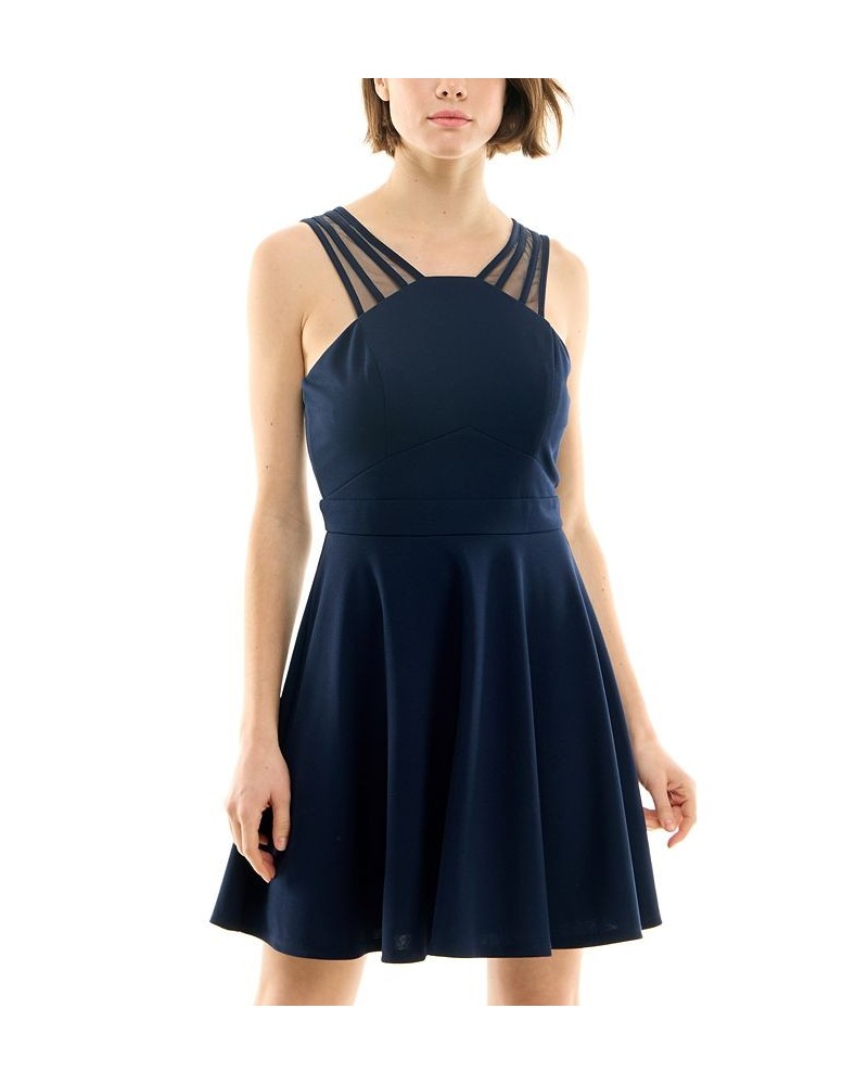 Juniors' Mesh-Strap V-Neck A-Line Dress Navy $21.44 Dresses