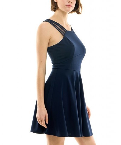 Juniors' Mesh-Strap V-Neck A-Line Dress Navy $21.44 Dresses