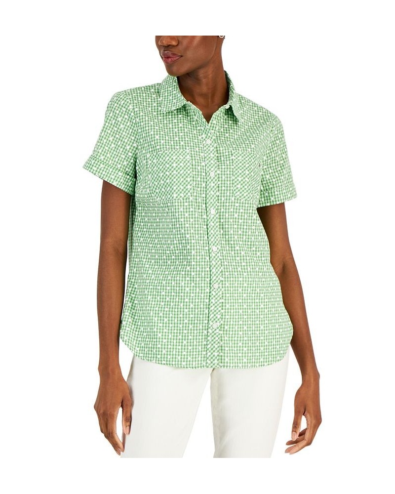 Women's Dot Gingham Button-Down Shirt Green $22.50 Tops