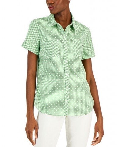 Women's Dot Gingham Button-Down Shirt Green $22.50 Tops