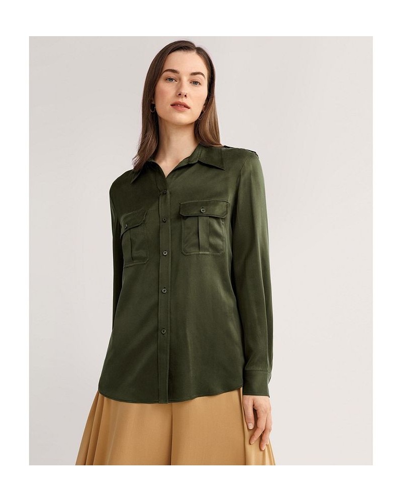 Sandwashed Silk Shirt With Epaulettes for Women Green $49.29 Tops