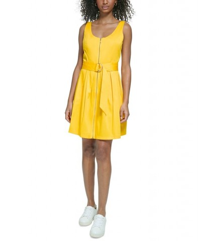 Women's Zipper-Front Belted Dress Lemon Chrome $46.35 Dresses