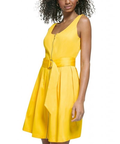 Women's Zipper-Front Belted Dress Lemon Chrome $46.35 Dresses