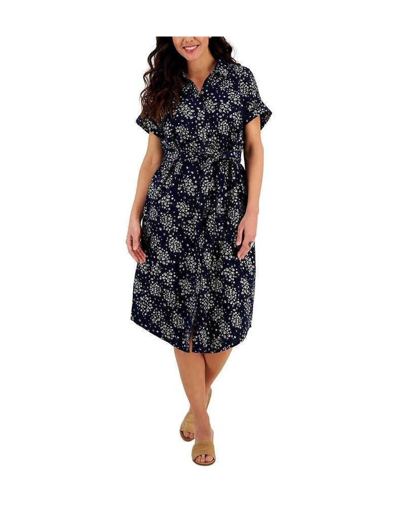 Women's Cotton Floral-Print Woven Shirtdress Floral Blue $27.97 Dresses