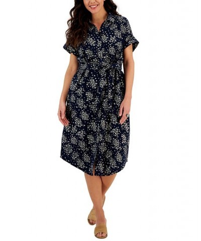 Women's Cotton Floral-Print Woven Shirtdress Floral Blue $27.97 Dresses