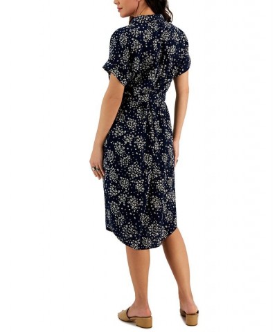 Women's Cotton Floral-Print Woven Shirtdress Floral Blue $27.97 Dresses