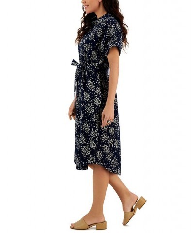 Women's Cotton Floral-Print Woven Shirtdress Floral Blue $27.97 Dresses