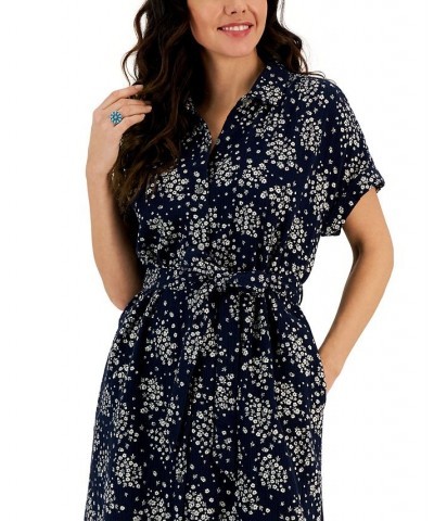 Women's Cotton Floral-Print Woven Shirtdress Floral Blue $27.97 Dresses