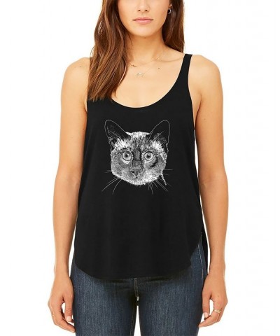 Women's Premium Word Art Flowy Siamese Cat Tank Top Black $22.50 Tops