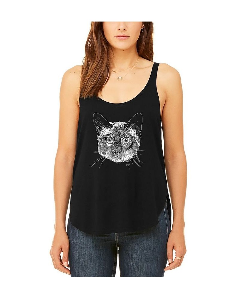 Women's Premium Word Art Flowy Siamese Cat Tank Top Black $22.50 Tops