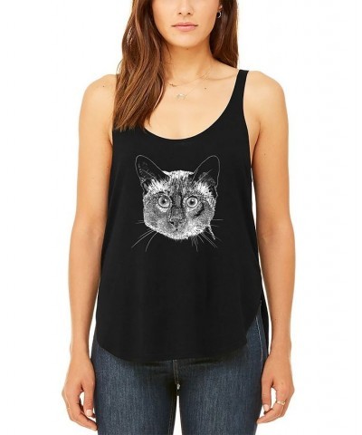 Women's Premium Word Art Flowy Siamese Cat Tank Top Black $22.50 Tops