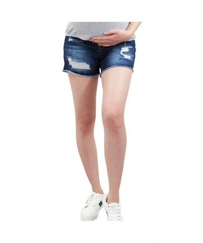 Dark Wash Destructed Maternity Shorts with Belly Band Blue $14.37 Shorts