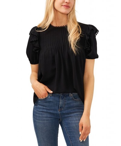 Women's Ruffled-Trim Pintucked Crewneck Top Black $40.94 Tops