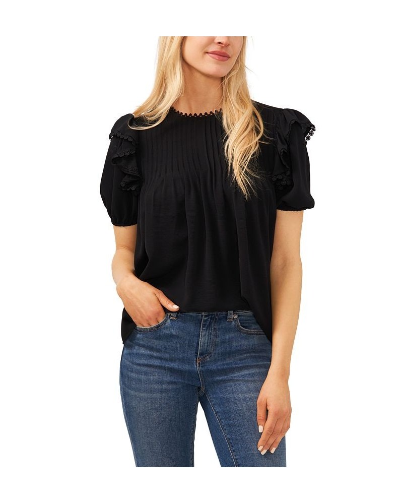 Women's Ruffled-Trim Pintucked Crewneck Top Black $40.94 Tops