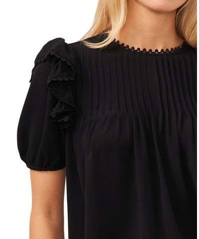 Women's Ruffled-Trim Pintucked Crewneck Top Black $40.94 Tops