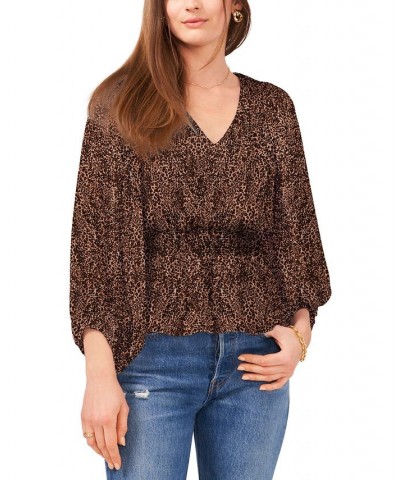 Petite Printed Smocked-Waist Balloon-Sleeve Top Brown $13.82 Tops