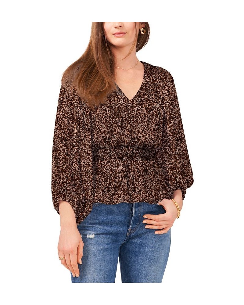 Petite Printed Smocked-Waist Balloon-Sleeve Top Brown $13.82 Tops