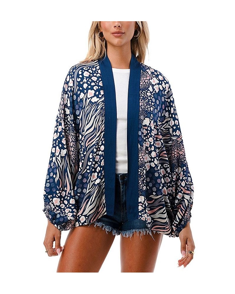 Women's Lightweight Tossed Floral Kimono Wrap Blue $37.77 Tops