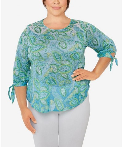 Plus Size Knit Parakeet Border Print Top Waterfall Blue Multi $20.35 Tops