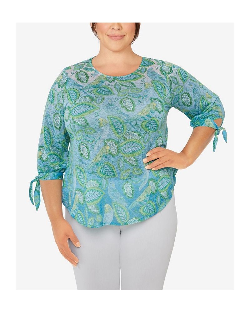 Plus Size Knit Parakeet Border Print Top Waterfall Blue Multi $20.35 Tops