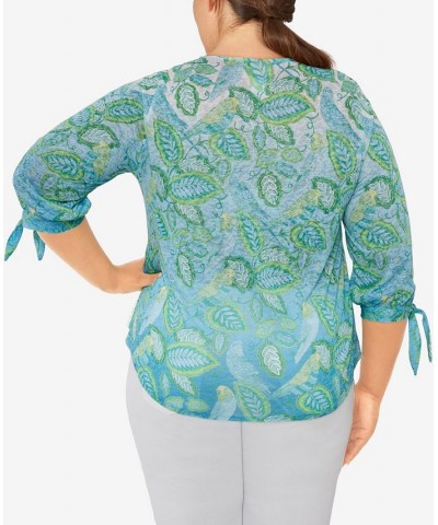 Plus Size Knit Parakeet Border Print Top Waterfall Blue Multi $20.35 Tops