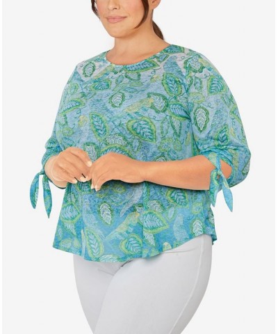 Plus Size Knit Parakeet Border Print Top Waterfall Blue Multi $20.35 Tops