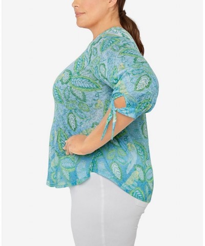 Plus Size Knit Parakeet Border Print Top Waterfall Blue Multi $20.35 Tops