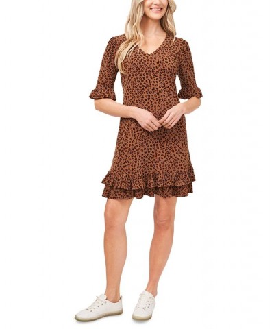 Women's Leopard-Print Elbow Sleeve Ruffled Dress Spicewood $48.51 Dresses